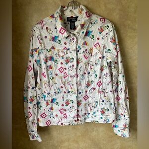 Vintage 90s Y2K White Patterned “City Girls” Jacket Button Front All Over Print
